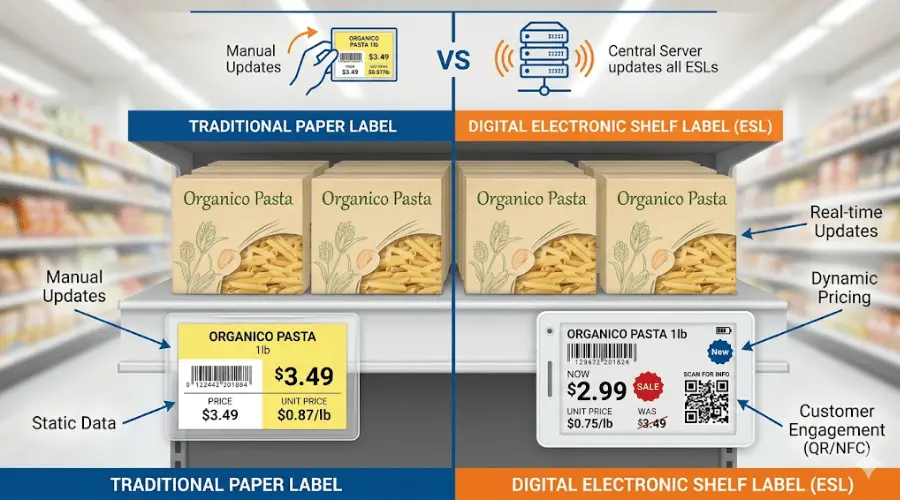 Electronic shelf labels used in a grocery supermarket aisle